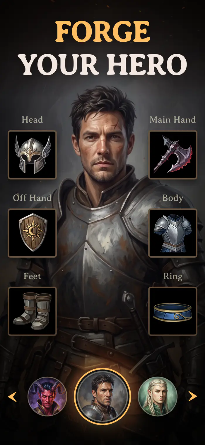 Fablia's hero screen: an armoured human with equipment slots for head, main hand, off hand, body, feet and ring.