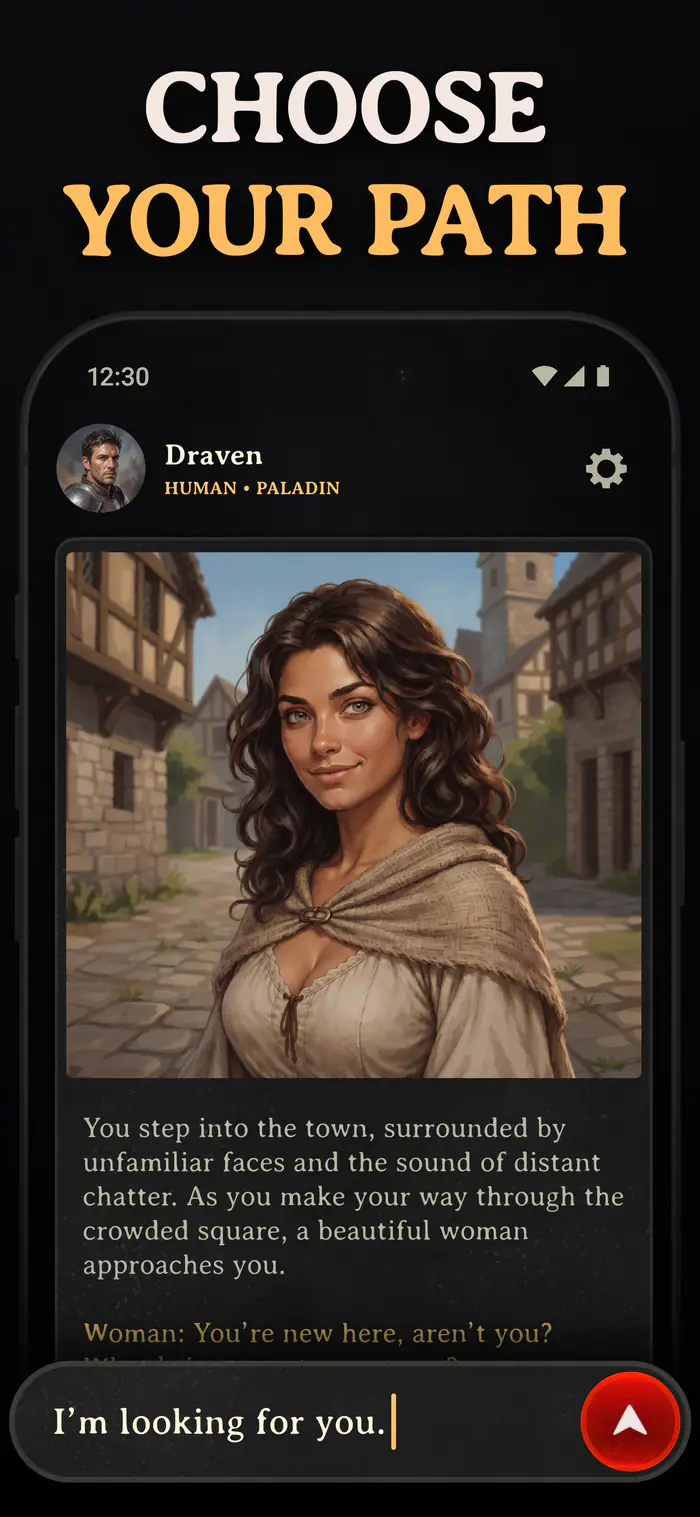 A Fablia scene on a phone: the Dungeon Master describes a town square, and the player types “I'm looking for you.”